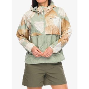 Kurtka przeciwwiatrowa damska Columbia Spire Valley Printed Windbreaker. Zielone kurtki Columbia, bez wzorów, z softshellu, bez kaptura. Za 219,99 zł.