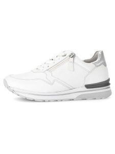 Gabor Skórzane sneakersy w kolorze srebrno-białym rozmiar: 38,5. Białe trampki Gabor, bez wzorów, ze skóry, bez zapięcia. Za 228,38 zł.
