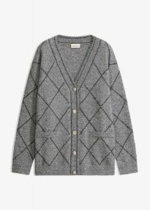 Długi sweter rozpinany, z połyskiem. Szare długie swetry bonprix, bez kołnierzyka. Za 169,99 zł.