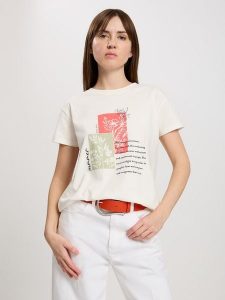 Cross Jeans Koszulka w kolorze kremowym rozmiar: S. Brązowe bluzki Cross Jeans, s, bez wzorów, z jeansu, bez kołnierzyka, bez ramiączek. Za 52,67 zł.