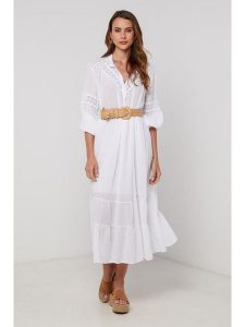 Lin Passion Sukienka w kolorze białym rozmiar: 40/42. Białe sukienki Lin Passion, bez wzorów, z bawełny, klasyczne, bez kołnierzyka, bez ramiączek, midi. Za 152,99 zł.