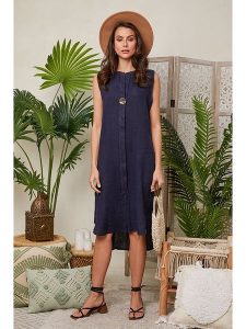 Lin Passion Lniana sukienka w kolorze granatowym rozmiar: 36/38. Niebieskie sukienki Lin Passion, bez wzorów, ze lnu, klasyczne, bez kołnierzyka, bez ramiączek, midi. Za 173,99 zł.