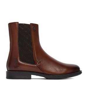 Botki U.S. Polo Assn. Brązowe botki U.S. Polo Assn., bez wzorów, bez obcasa, na płaskiej podeszwie, bez zapięcia. Za 429,99 zł.