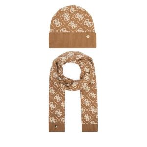 Zestaw szalik i czapka Guess. Brązowe szaliki Guess, z aplikacjami. Za 294,99 zł.