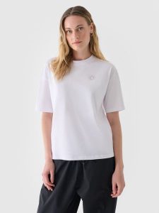 4F T-shirt oversize z nadrukiem damski - biały XL. Białe t-shirty 4f, xl, bez wzorów, z bawełny, bez kołnierzyka, bez ramiączek. W wyprzedaży za 29,99 zł.