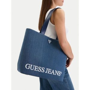 Torebka Guess Jeans. Niebieskie shopper bag Guess Jeans, z aplikacjami, z jeansu, bez dodatków. Za 249,99 zł.