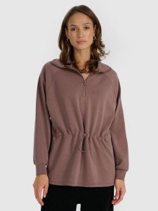 4F Bluza dresowa nierozpinana z modalem damska - brązowa M. Brązowe bluzy 4f, m, bez wzorów, z dresówki, bez kaptura. W wyprzedaży za 169,99 zł.