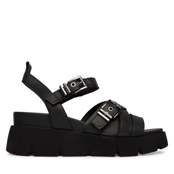 Sandały Tamaris. Czarne sandały Tamaris, bez wzorów, bez obcasa, na koturnie, bez zapięcia. Za 299,99 zł.