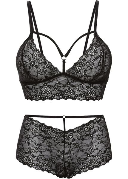 "Biustonosz bustier + figi panty ""ouvert"" (2 części)". Czarne figi bonprix, z aplikacjami, z koronki. Za 109,99 zł.