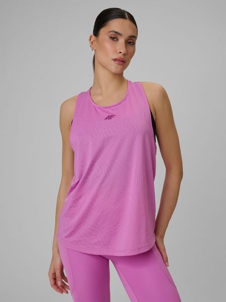 4F Top loose treningowy szybkoschnący damski - różowy L. Czerwone topy 4f, l, bez wzorów, z tkaniny, bez kołnierzyka, bez ramiączek. Za 99,99 zł.