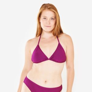 Góra kostiumu kąpielowego surfingowego damska Olaian Mae teksturowana. Fioletowe bikini OLAIAN, bez wzorów, z elastanu. Za 39,99 zł.