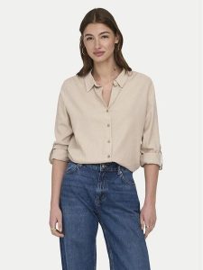 ONLY Koszula Goa 15363991 Beżowy Loose Fit. Brązowe koszule ONLY, s, bez wzorów, ze lnu, bez kołnierzyka, bez ramiączek. Za 169,99 zł.