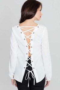Modna Ecru Bluzka z Dekoltem „V” Sznurowana na Plecach. Niebieskie bluzki Katrus, l, bez wzorów, z elastanu, bez kołnierzyka, bez ramiączek. Za 189,00 zł.