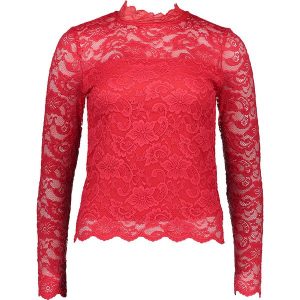 Koszulka "Lucia" w kolorze czerwonym. Czerwone bluzki marki Vero Moda, w koronkowe wzory, z koronki, ze stójką, z długim rękawem. W wyprzedaży za 99,95 zł.