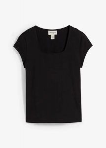 T-shirt z bawełną organiczną. Czarne t-shirty bonprix, bez wzorów, z bawełny, bez kołnierzyka, bez ramiączek. Za 24,99 zł.