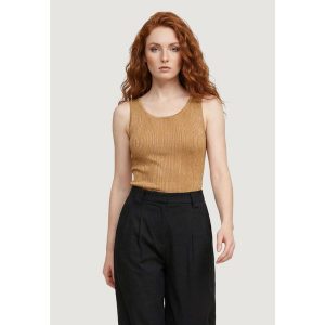 Bezrękawnik Kobieta ONLY Onlanna Sl Glitter Revers Rib Top Knt. Brązowe topy ONLY, l, bez wzorów, z materiału, eleganckie, bez kołnierzyka, bez ramiączek. Za 158,50 zł.