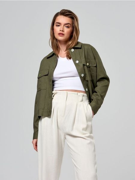 Marynarka z lnem - zielony. Zielone marynarki i żakiety Sinsay, l, bez wzorów, z bawełny. Za 89,99 zł.