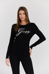 GUESS Czarny damski sweter Olive z haftowanym logo. Czarne swetry klasyczne Guess, s, z materiału, bez kołnierzyka. W wyprzedaży za 246,99 zł.
