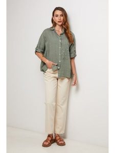 Lin Passion Lniana koszula w kolorze khaki rozmiar: 34/36. Brązowe koszule Lin Passion, bez wzorów, ze lnu, bez kołnierzyka, bez ramiączek. Za 165,99 zł.