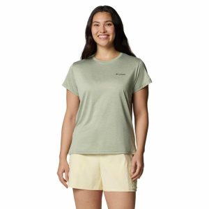 Koszulka techniczna damska Columbia BlueVista Hill Short Sleeve Crew. Zielone bluzki Columbia, s, bez wzorów, sportowe, bez kołnierzyka, bez ramiączek. Za 94,99 zł.