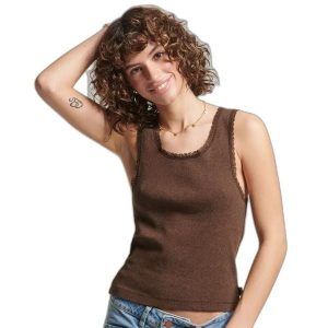 Tank top z koronkowym wykończeniem dla kobiet Superdry. Brązowe topy Superdry, l, bez wzorów, z koronki, bez kołnierzyka, bez ramiączek. Za 106,45 zł.