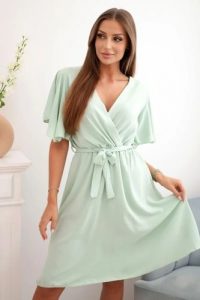 Sukienka z przekładanym dekoltem ciemno miętowa. Zielone sukienki Kesi Włoski, na lato, l, bez wzorów, z bawełny, eleganckie, bez kołnierzyka, bez ramiączek. Za 142,18 zł.