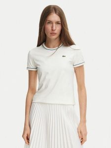 Lacoste T-Shirt TF5289 Kremowy Slim Fit. Białe t-shirty Lacoste, bez wzorów, z bawełny, bez kołnierzyka, bez ramiączek. Za 259,99 zł.