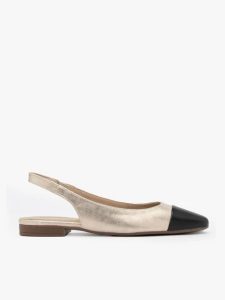 Platynowe baleriny typu slingback z czarnym noskiem. Szare balerinki Brawo sp. z o.o., bez wzorów, z gumy, z okrągłym noskiem, bez obcasa, na płaskiej podeszwie, bez zapięcia. W wyprzedaży za 224,99 zł.
