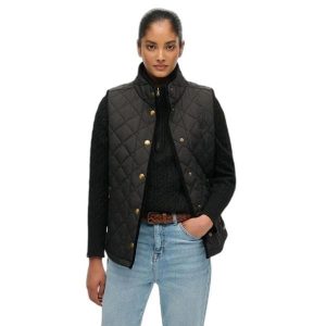 Damska kurtka bez rękawów Superdry Estate Country Liner. Czarne kurtki Superdry, bez wzorów, z puchu, bez kaptura. Za 392,15 zł.