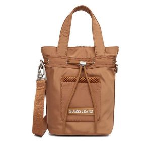 Torebka Guess Jeans. Brązowe torebki klasyczne Guess Jeans, z aplikacjami, z jeansu, bez dodatków. Za 199,99 zł.