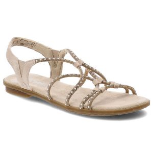 Sandały damskie Rieker, cholewka ze skóry ekologicznej z cyrkoniami na płaskiej podeszwie, brązowe, 64270-90. Brązowe sandały Rieker, bez wzorów, ze skóry ekologicznej, bez obcasa, na płaskiej podeszwie, bez zapięcia. Za 289,00 zł.