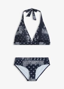 Bikini z ramiączkami wiązanymi na szyi (komplet 2-cz.). Niebieskie bikini bonprix, bez wzorów. Za 94,99 zł.