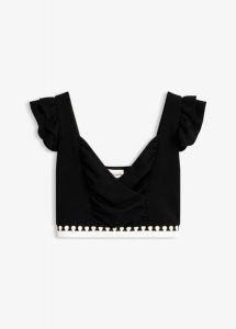 Krótki top. Czarne topy bonprix, bez wzorów, eleganckie, bez kołnierzyka, bez ramiączek. Za 44,99 zł.