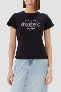 GUESS Czarny damski t-shirt Narciso. Czarne t-shirty Guess, s, z aplikacjami, bez kołnierzyka, bez ramiączek. W wyprzedaży za 122,99 zł.