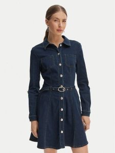 Morgan Sukienka jeansowa 261-RODEX Granatowy Slim Fit. Niebieskie kombinezony Morgan, bez wzorów, z bawełny, bez kołnierzyka, bez ramiączek. Za 429,99 zł.