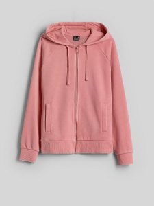 4F Bluza dresowa relaxed z kapturem damska - łososiowa XL. Brązowe bluzy 4f, xl, bez wzorów, z dresówki, z kapturem. Za 169,99 zł.