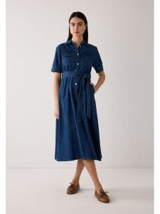 More & More Sukienka dżinsowa w kolorze granatowym rozmiar: 32. Niebieskie sukienki More & More, bez wzorów, z tkaniny, bez kołnierzyka, bez ramiączek, midi. Za 276,71 zł.