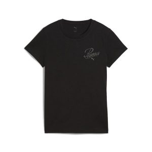 Damska koszulka ESS SCRIPT PUMA Black. Czarne koszulki sportowe Puma, bez wzorów, bez ramiączek. Za 140,00 zł.