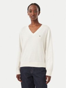Tommy Jeans Sweter Essential DW0DW23362 Biały Regular Fit. Białe swetry klasyczne Tommy Jeans, l, z bawełny, bez kołnierzyka. Za 369,99 zł.
