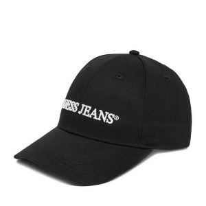 Czapka z daszkiem Guess Jeans. Czarne czapki Guess Jeans, z aplikacjami, z jeansu. Za 99,99 zł.