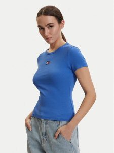 Tommy Jeans T-Shirt DW0DW17881 Niebieski Slim Fit. Niebieskie t-shirty Tommy Jeans, l, bez wzorów, z bawełny, bez kołnierzyka, bez ramiączek. Za 169,99 zł.