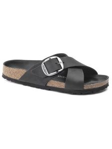 Birkenstock Skórzane klapki "Siena Big Buckle" w kolorze czarnym rozmiar: 36. Czarne klapki Birkenstock, bez wzorów, z otwartym noskiem, bez obcasa. Za 439,24 zł.