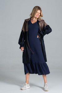 Dwukolorowy Płaszcz Typu Parka - Granatowy Brązowy. Brązowe płaszcze Figl, l, bez wzorów, z elastanu, bez kaptura. Za 389,00 zł.