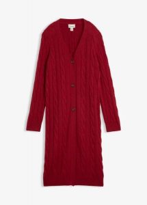 Długi sweter rozpinany z wełną. Czerwone długie swetry bonprix, z wełny, bez kołnierzyka. Za 299,99 zł.