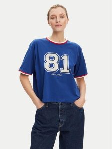 Guess Jeans T-Shirt W5YI19 K8HM0 Niebieski Regular Fit. Niebieskie t-shirty Guess Jeans, xxl, z aplikacjami, z bawełny, bez kołnierzyka, bez ramiączek. Za 129,99 zł.