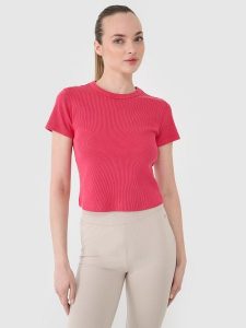 4F T-shirt slim z prążkowanej dzianiny damski - różowy S. Czerwone t-shirty 4f, s, bez wzorów, z bawełny, bez kołnierzyka, bez ramiączek. W wyprzedaży za 39,99 zł.