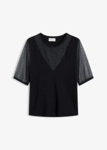 Sweter z cienkiej dzianiny z siateczkową wstawką. Czarne swetry klasyczne bonprix, z dzianiny, bez kołnierzyka. Za 117,99 zł.