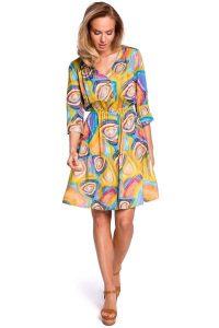 Wzorzysta Rozkloszowana Sukienka z Guzikami - Model 2. Sukienki MOE, l, bez wzorów, z elastanu, wizytowe, bez kołnierzyka, bez ramiączek, rozkloszowane. Za 309,90 zł.