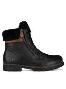 Remonte Botki D8463-01 Czarny. Czarne botki Remonte, bez wzorów, ze skóry, bez obcasa, na płaskiej podeszwie, bez zapięcia. Za 377,99 zł.