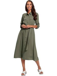 Heine Sukienka w kolorze khaki rozmiar: 36. Brązowe sukienki Heine, bez wzorów, z lyocellu, bez kołnierzyka, bez ramiączek, midi. Za 118,01 zł.